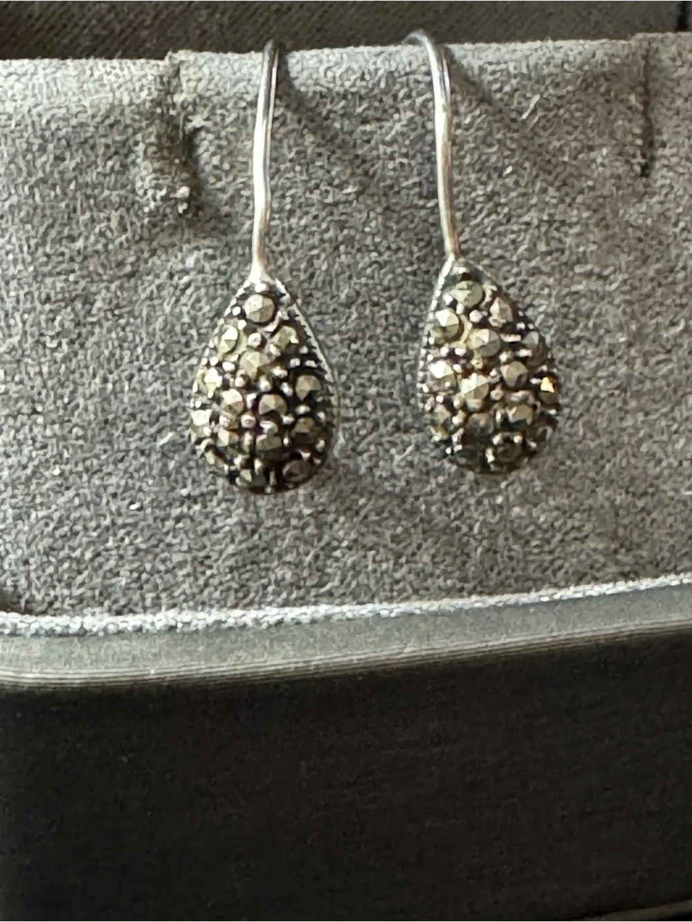 Sterling Silver Teardrop Marcasite Hook Earrings